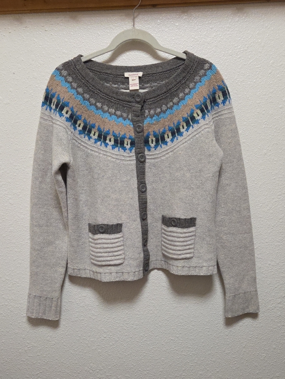 Sundance 100% Lambswool Fair Isle Yoke Cardigan with Blue Accents
